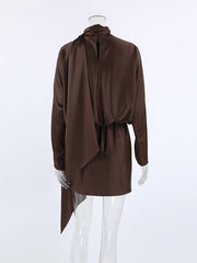 Brown Satin Turtleneck Draped Mini Dress