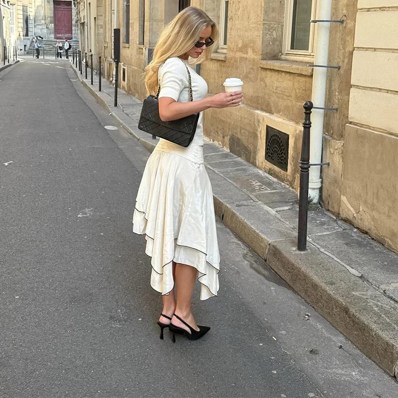 Close-up of asymmetrical contrast trim midi skirt hem