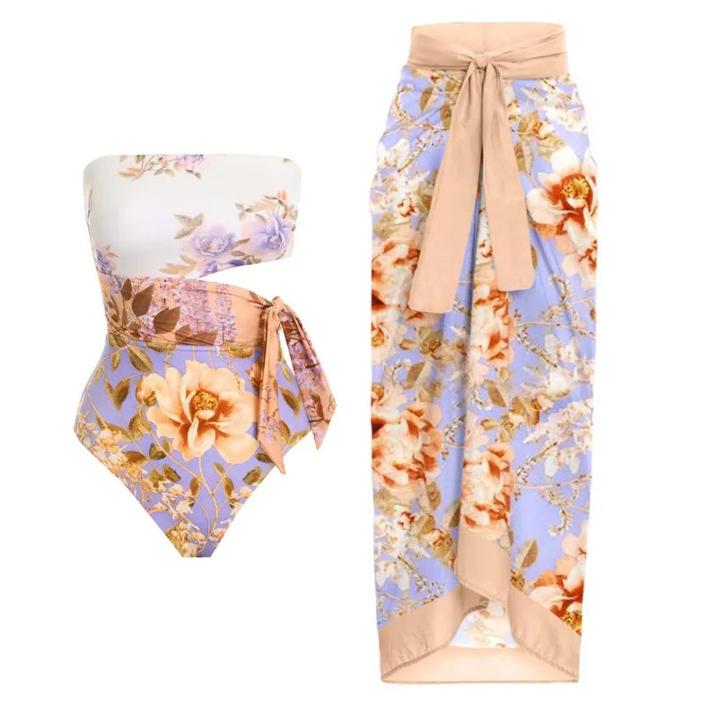 Floral print two-piece swimsuit with a matching wrap skirt
