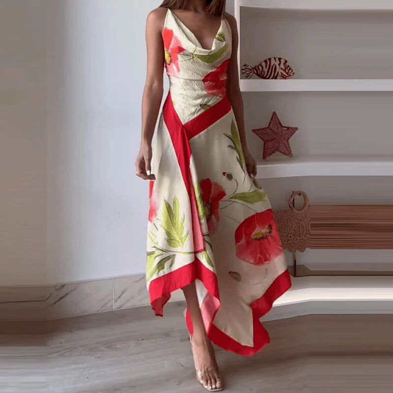 Floral print asymmetric maxi dress