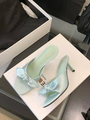 Bow Slide Heeled Mules Open Toe Heels