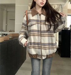 Plaid Turn-down Collar Loose Zipper Jacket