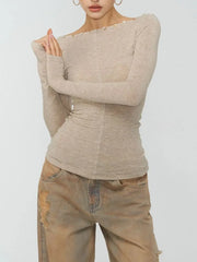 Botton Detail Boat Neck Long Sleeve Top