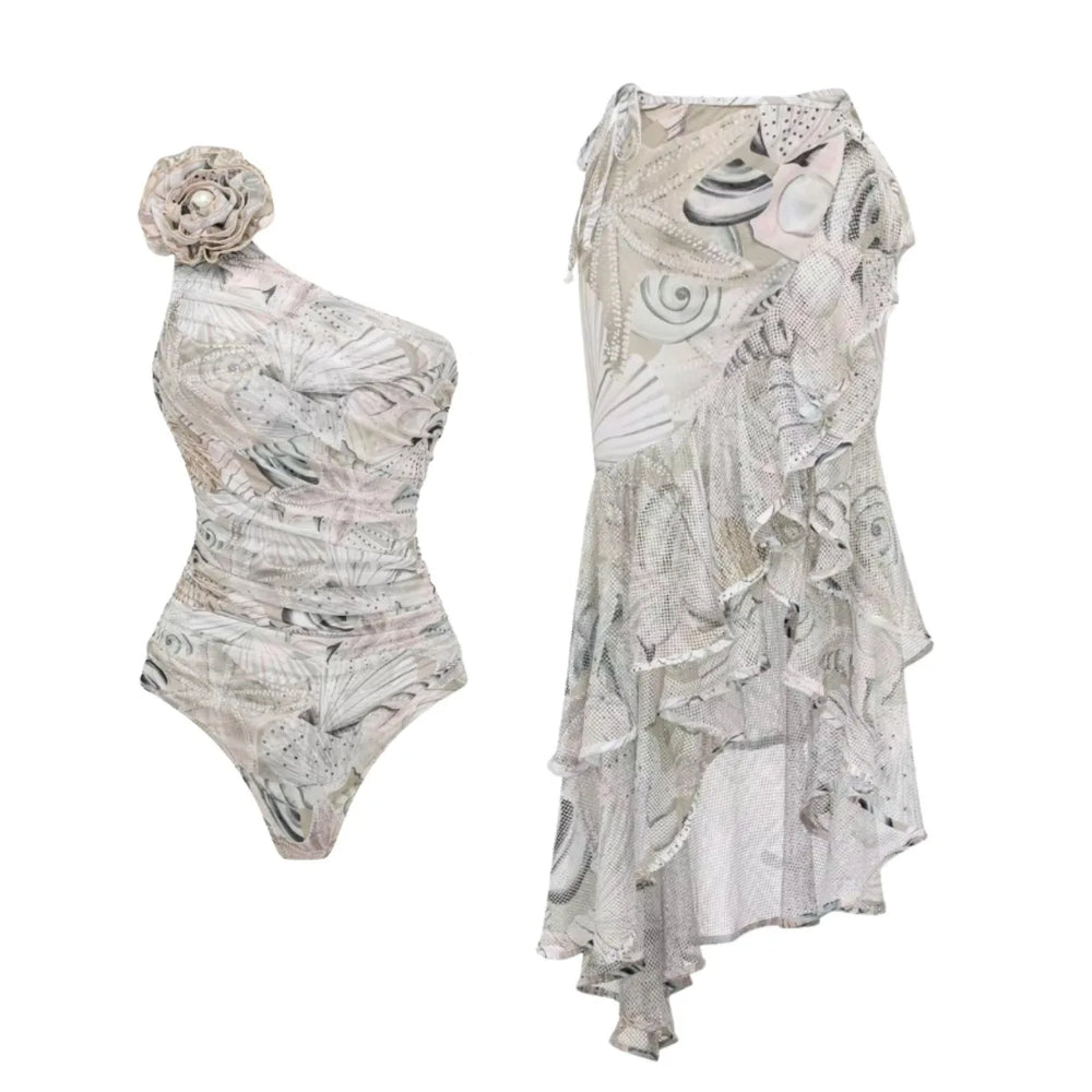 Close-up of the abstract print on the swimsuit and skirt