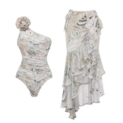Close-up of the abstract print on the swimsuit and skirt