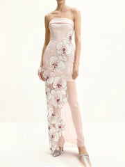 Pink floral print strapless maxi dress with sheer overlay