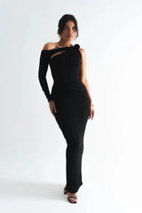 One-Shoulder 3D Flower Cut-Out Maxi Dress