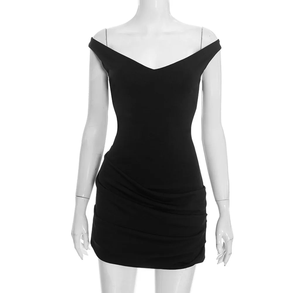 Black off-shoulder dress on a mannequin against a white background