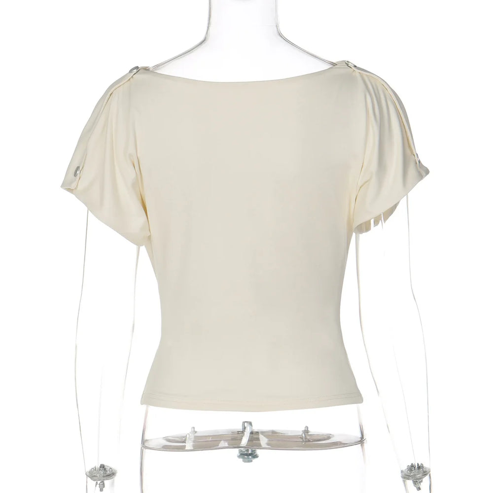 Beige blouse on a mannequin with a white background
