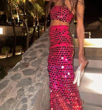 Sequin Backless Tube Top and Long Skirts 2 Piece Set