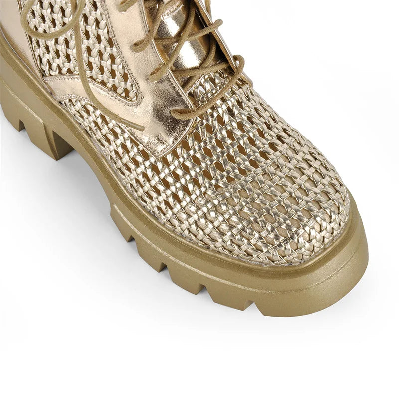 Close-up of the toe on gold mesh platform lace-up ankle boots
