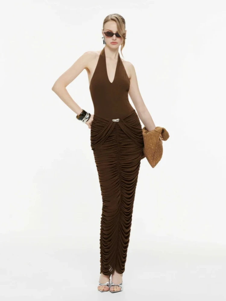 Brown ruched halter neck maxi dress