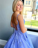 Glitter Tulle Lace Appliqué Blue Evening Dresses