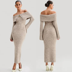 Fluffy Solid Knitted Off Shoulder Midi Dress