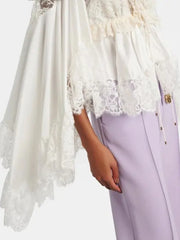 Lace V Neck Lace Up Ruffle Lace Up Blouse Top