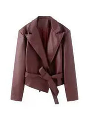Faux Leather Belted Lapel Jacket