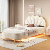 41897404825805/Beige Velvet Upholstered LED Platform Bed with Storage Ottoman