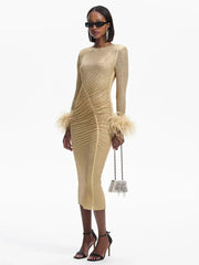 Long Sleeve Feathers Rhinestone Midi Dress