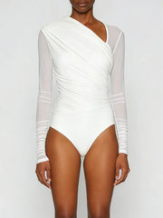 White bodysuit with sheer long sleeves on a white background