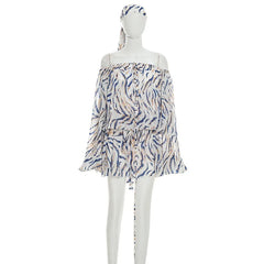 Blue Animal Print Striped Off-Shoulder Mini Dress