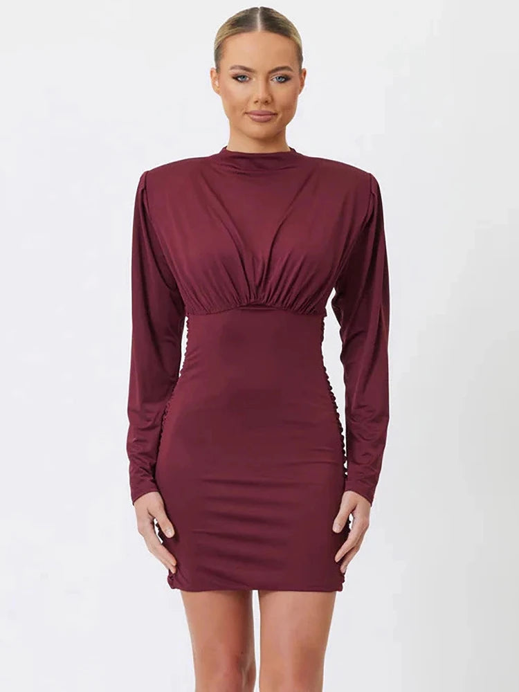 Burgundy high neck long sleeve bodycon mini dress with waist ruching