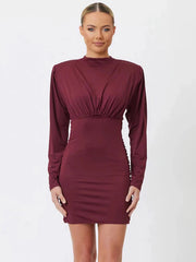 Burgundy high neck long sleeve bodycon mini dress with waist ruching