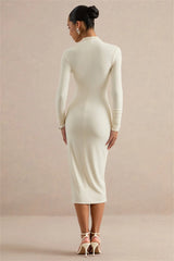 Long Sleeve Ruched Slit Turtleneck Midi Dress