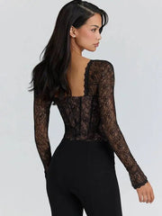 Floral lace square neck long sleeve romper back view