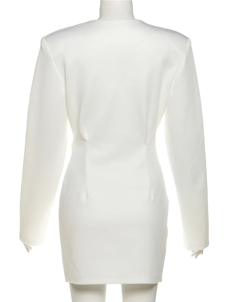 White suit jacket on a mannequin against a white background