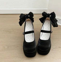 Black square-heeled party shoes styled with gothic Harajuku outfit