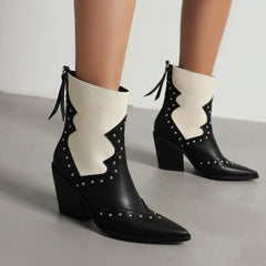Studded Pointed Toe Block Heel Ankle Boots