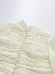 White Stand Collar Lantern Sleeve Maxi Dress