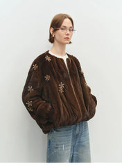 Beaded Brown Faux Fur Bomber Jacket
