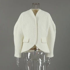White Textured V-Neck Cropped Blazer