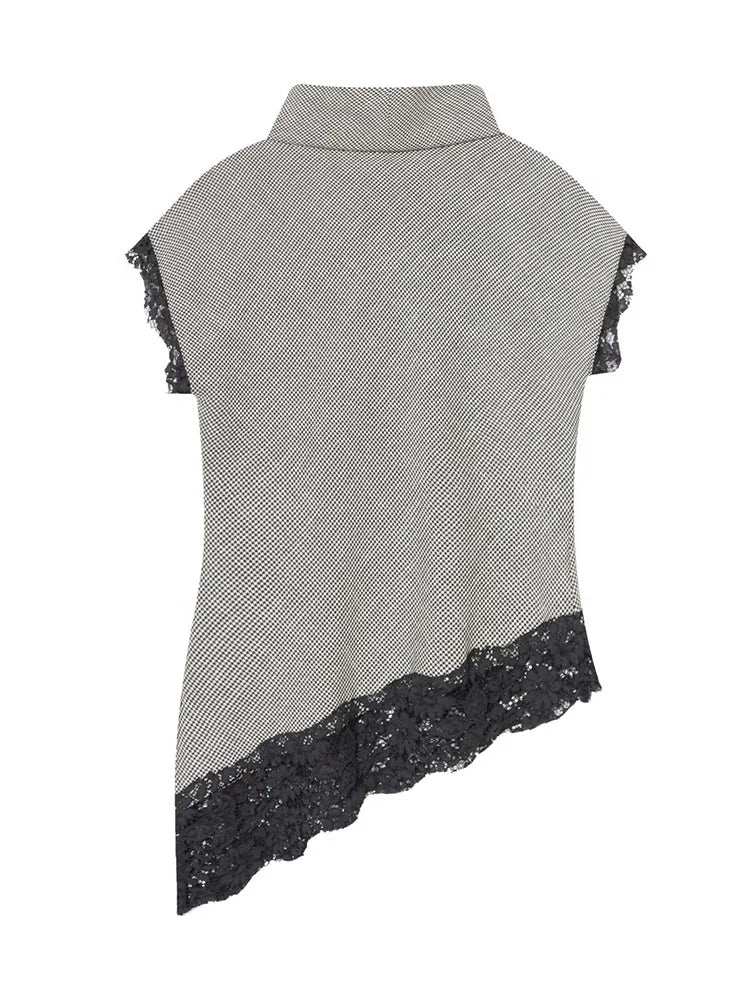 Gray sleeveless top with black lace trim on a white background