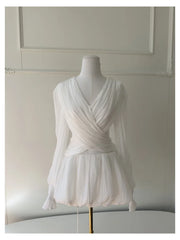Pleated V-neck Mini Dress with wrap front and lantern sleeves