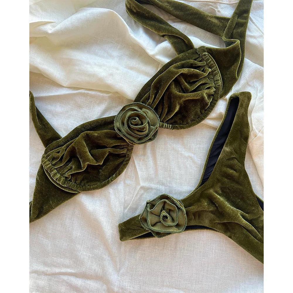Velvet rosette bikini set laid flat