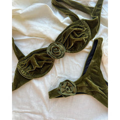 Velvet rosette bikini set laid flat
