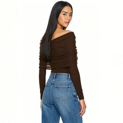 Off Shoulder Pleated Mesh Top