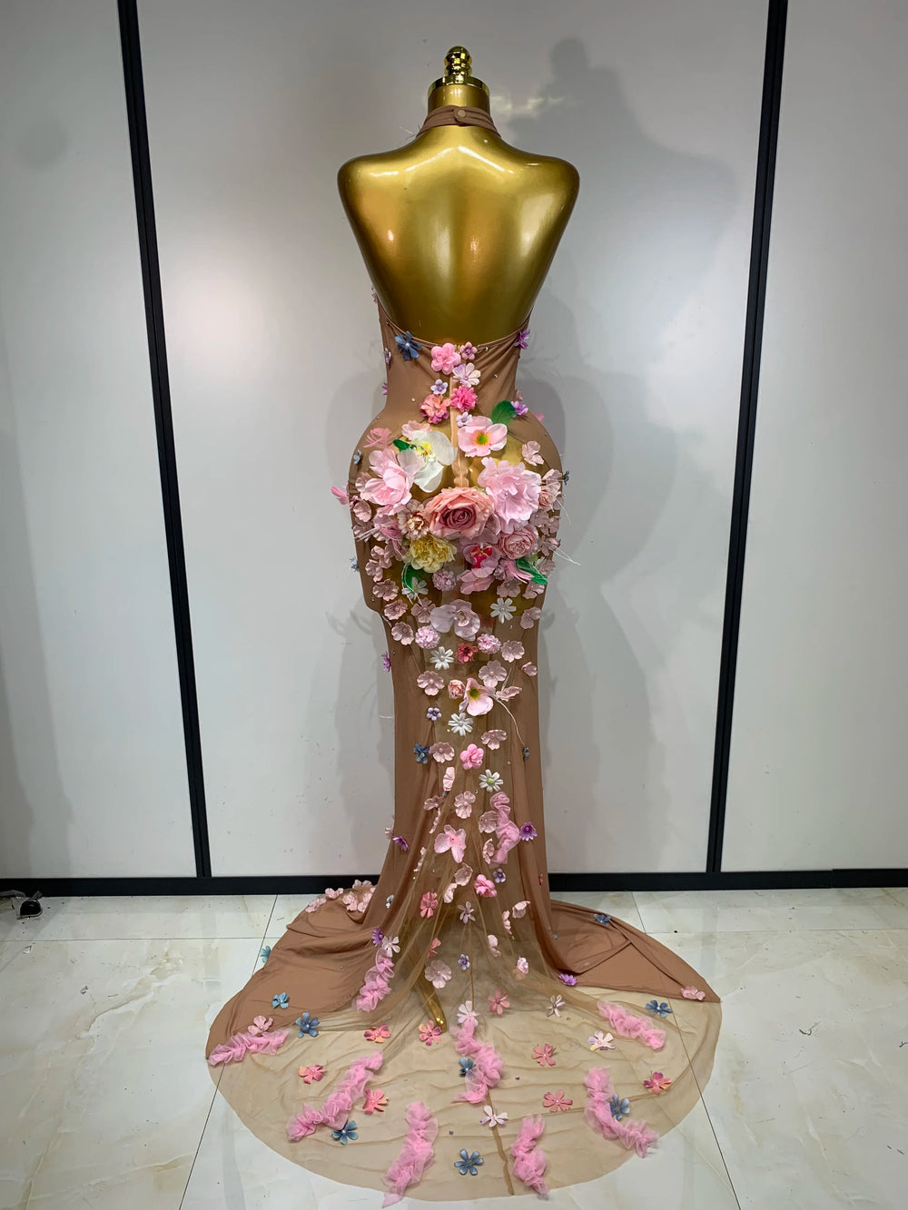 Floral applique halter maxi dress back view