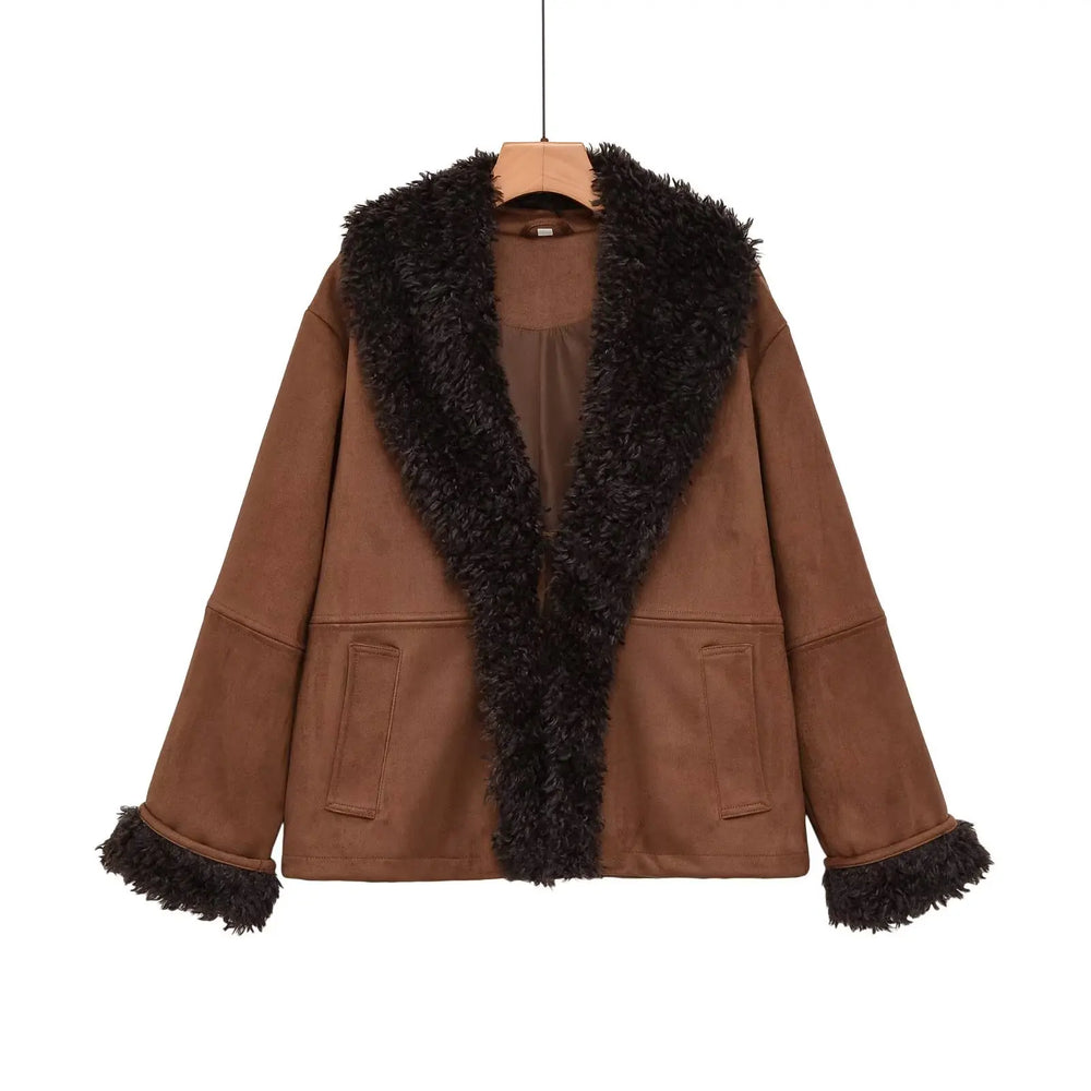 Shearling trim faux suede jacket front view
