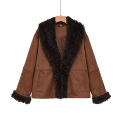 Shearling trim faux suede jacket front view