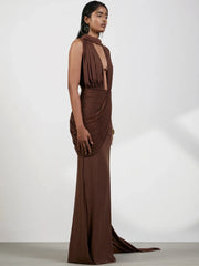 Brown draped halter neck folds gown, three-quarter view