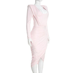 Long Sleeve Deep Neck Top and Ruched Pencil Skirt Set