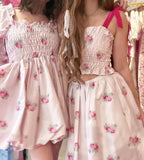 Pink Flower Print Elastic Chest Corset Full Sleeve Mini Dress