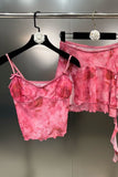 Women V Neck Pink Tie Dye Camisole Distressed Short Skirt Set