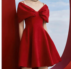 Red Solid Dress Strapped Puff Sleeve V Neck Mini Dress