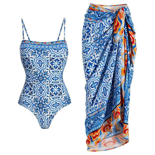 Mediterranean tile print spaghetti strap one-piece swimsuit