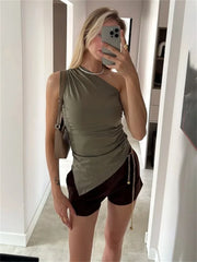 Asymmetrical drape one-shoulder ruched tank top in olive green