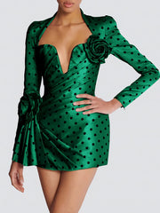 Fitted polka dot ruched draped v-neck long sleeve mini dress in green